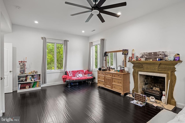 22 Grassy Lake Rd, Shamong, NJ 08088 - sitting room featuring a ceiling fan, a fireplace with flush hearth, baseboards, recessed lighting, and dark wood-style floors