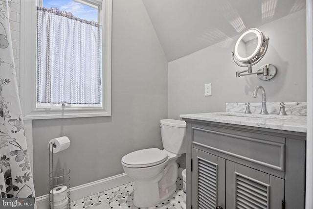 22 Grassy Lake Rd, Shamong, NJ 08088 - bathroom featuring toilet, lofted ceiling, vanity, and baseboards