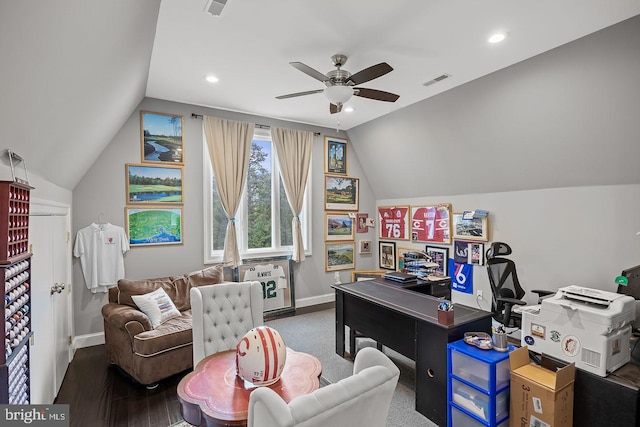22 Grassy Lake Rd, Shamong, NJ 08088 - office space with vaulted ceiling, ceiling fan, baseboards, wood finished floors, and recessed lighting