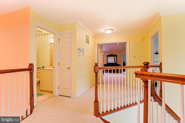 82 Granville Way, Exton, PA 19341 - hall featuring light colored carpet, ornamental molding, baseboards, and an upstairs landing