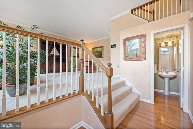 stairway featuring crown molding, wood finished floors, and baseboards