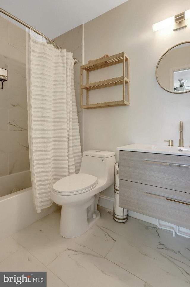 bathroom with toilet, shower / tub combo with curtain, marble finish floor, and vanity