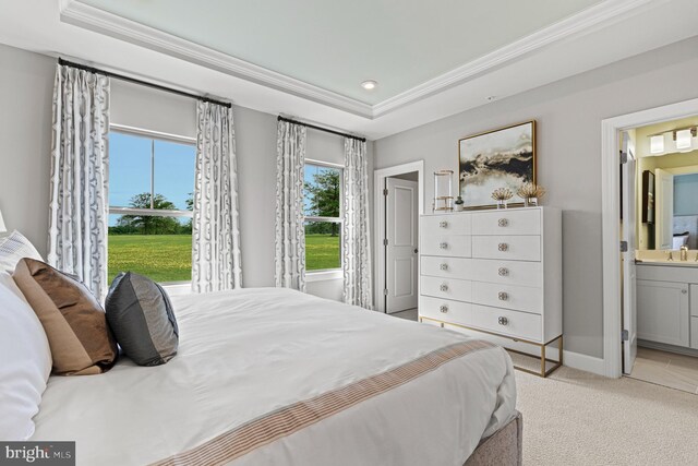 bedroom with a tray ceiling, ensuite bathroom, a sink, crown molding, and light colored carpet