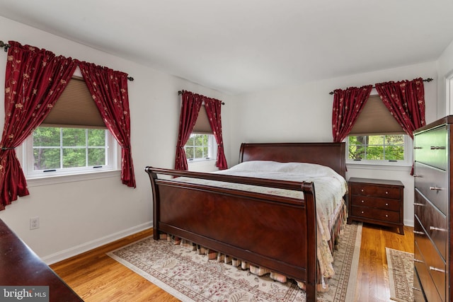 bedroom featuring multiple windows, wood finished floors, and baseboards
