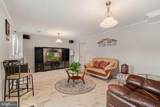 living area with marble finish flooring and ornamental molding
