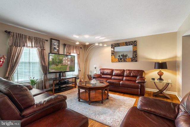 living room featuring wood finished floors and baseboards