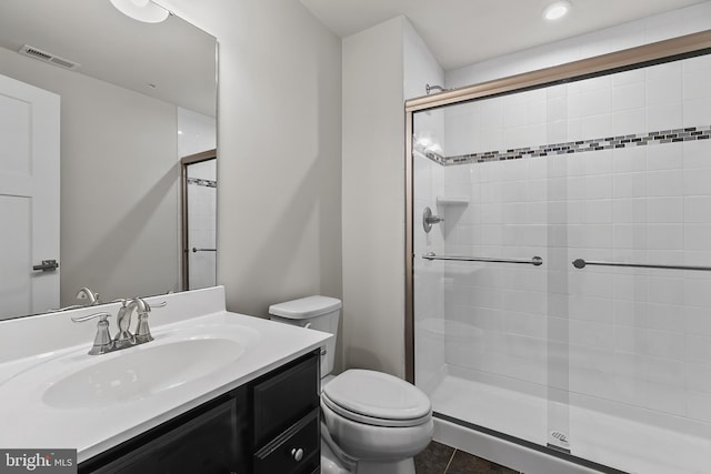 full bath with a shower stall, toilet, and vanity