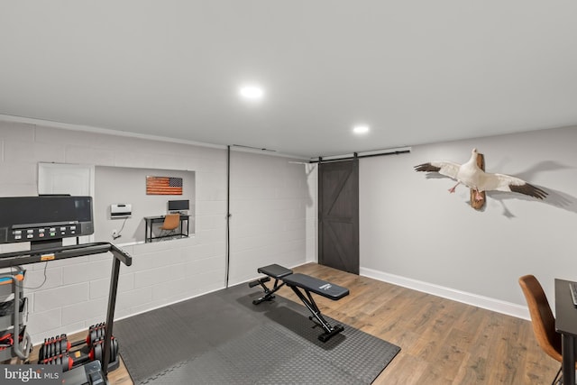 350 Lanny Dr, Winchester, VA 22601 - workout room featuring a barn door, light wood finished floors, concrete block wall, baseboards, and recessed lighting