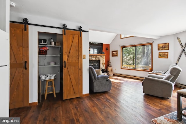 164 Fawn Rd, Pocono Lake, PA 18347 - living area with lofted ceiling, dark wood-style flooring, a baseboard radiator, and a barn door