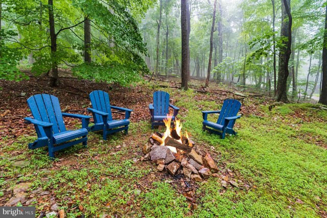 view of yard with a fire pit and a wooded view