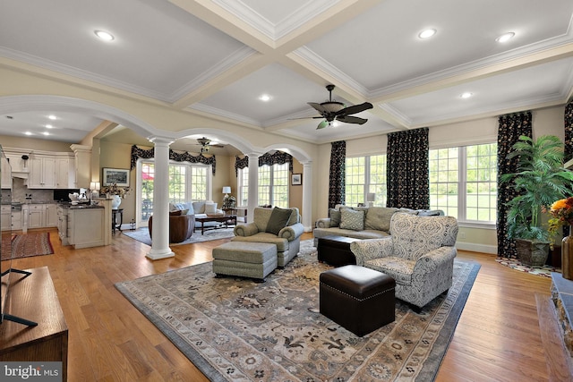 107 Centrenest Ln, Wilmington, DE 19807 - living room featuring a healthy amount of sunlight, a ceiling fan, ornate columns, and arched walkways