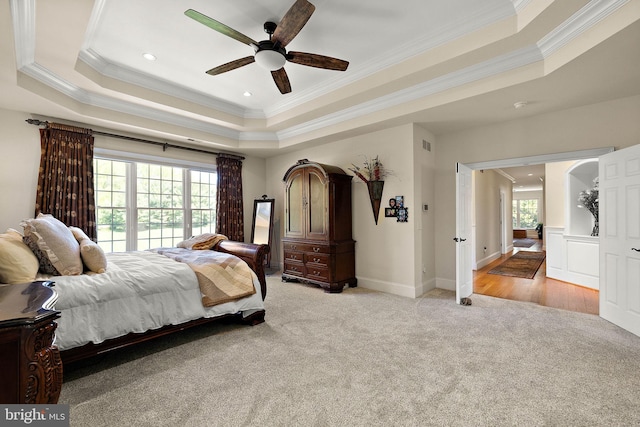 107 Centrenest Ln, Wilmington, DE 19807 - bedroom featuring a tray ceiling, crown molding, visible vents, light colored carpet, and recessed lighting