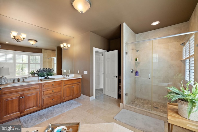 107 Centrenest Ln, Wilmington, DE 19807 - full bathroom featuring a stall shower, baseboards, a sink, tile patterned flooring, and double vanity
