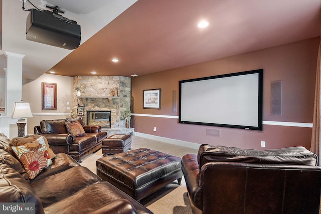 107 Centrenest Ln, Wilmington, DE 19807 - carpeted cinema featuring baseboards, a stone fireplace, and recessed lighting