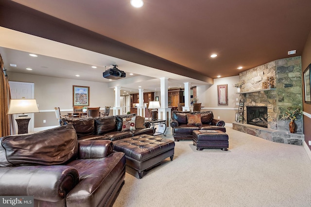 107 Centrenest Ln, Wilmington, DE 19807 - living room with recessed lighting, carpet, baseboards, decorative columns, and a fireplace