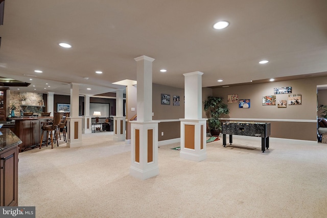 107 Centrenest Ln, Wilmington, DE 19807 - game room featuring light carpet, bar area, recessed lighting, and ornate columns