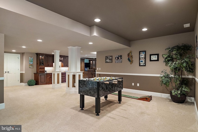 107 Centrenest Ln, Wilmington, DE 19807 - rec room featuring light carpet, baseboards, ornate columns, and recessed lighting