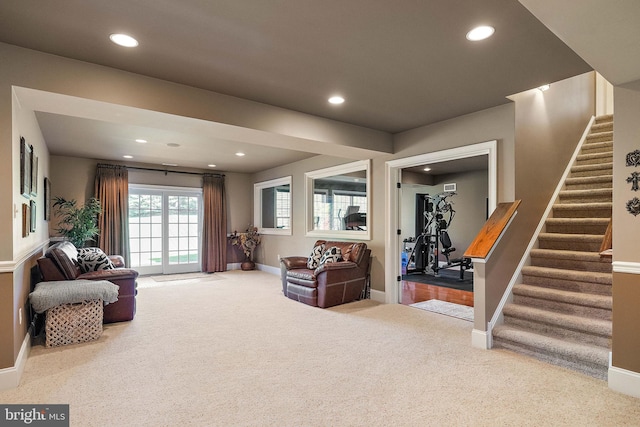 107 Centrenest Ln, Wilmington, DE 19807 - carpeted living area with stairway, baseboards, and recessed lighting