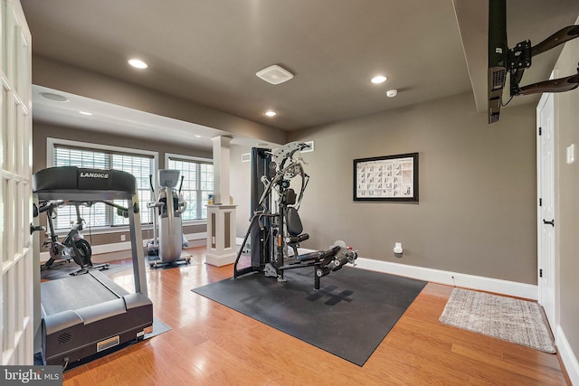 107 Centrenest Ln, Wilmington, DE 19807 - workout area with baseboards, light wood finished floors, recessed lighting, and ornate columns