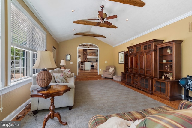 832 Muller Rd, Westminster, MD 21157 - living area with baseboards, ceiling fan, vaulted ceiling, wood finished floors, and ornamental molding