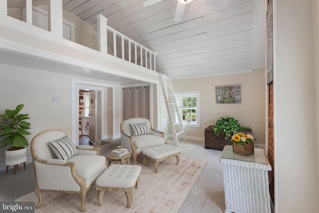 832 Muller Rd, Westminster, MD 21157 - sitting room featuring carpet floors, ceiling fan, baseboards, wooden ceiling, and vaulted ceiling