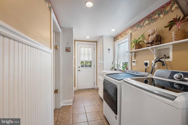832 Muller Rd, Westminster, MD 21157 - laundry room featuring cabinet space, separate washer and dryer, light tile patterned floors, and recessed lighting