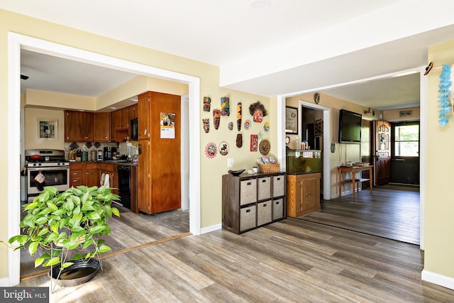 kitchen with stainless steel gas range, wood finished floors, stove, baseboards, and dark countertops