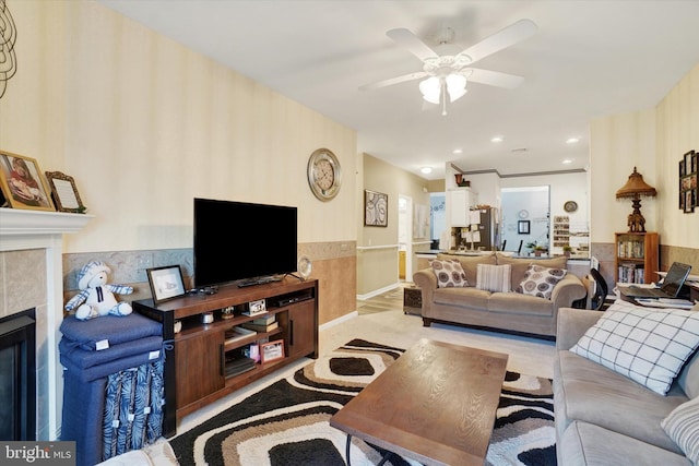 3114 Harmony Rose Ct, Dover, PA 17315 - living room featuring ceiling fan, a tiled fireplace, and recessed lighting