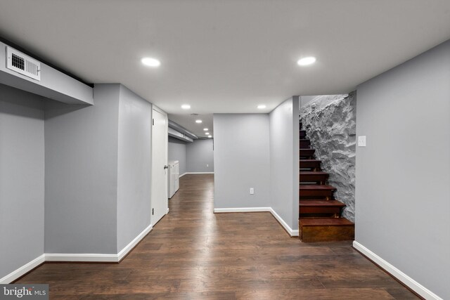 3011 W Lanvale St, Baltimore, MD 21216 - finished basement with recessed lighting, dark wood finished floors, stairs, and baseboards