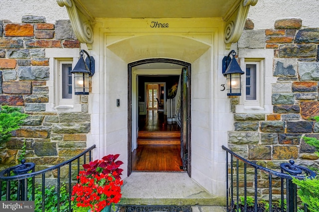 view of exterior entry with stone siding