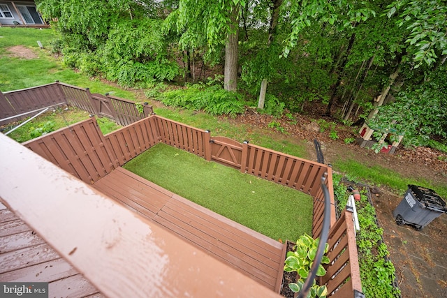 deck featuring a garden and a fenced backyard