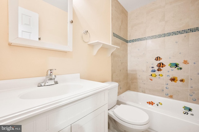 full bathroom featuring toilet,  shower combination, and vanity