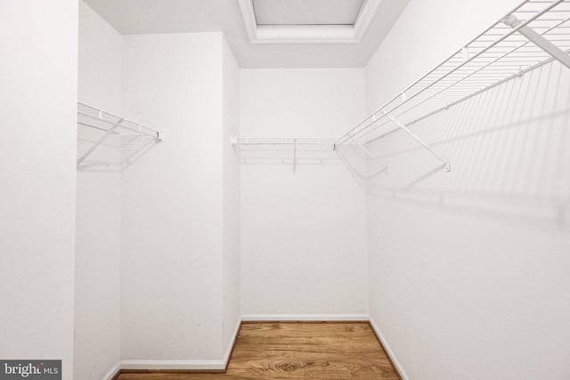 spacious closet with attic access and wood finished floors