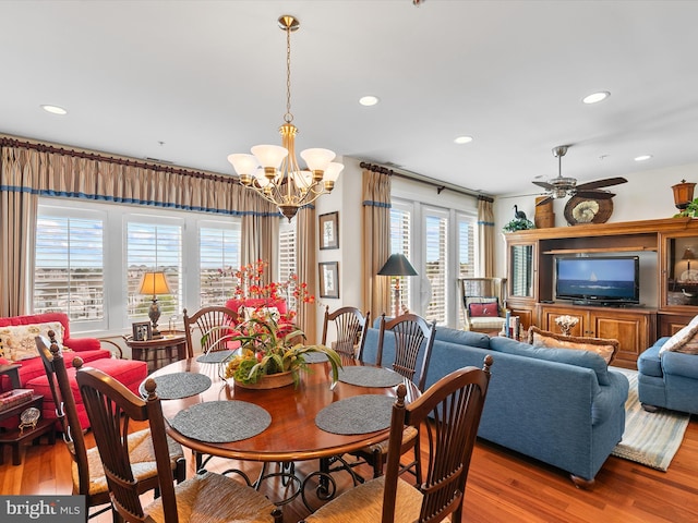 13000 Marina View Ln Unit 25, Ocean City, MD 21842 - dining space with wood finished floors, a chandelier, ceiling fan, and recessed lighting