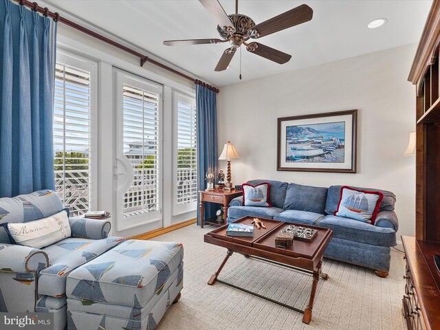 13000 Marina View Ln Unit 25, Ocean City, MD 21842 - living area with healthy amount of natural light, a ceiling fan, recessed lighting, and carpet flooring