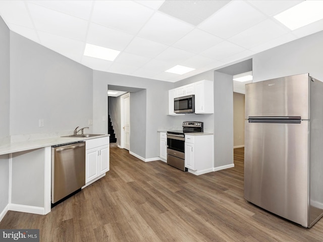 11 Linden Ave, Mercersburg, PA 17236 - kitchen with appliances with stainless steel finishes, a paneled ceiling, wood finished floors, baseboards, and a sink