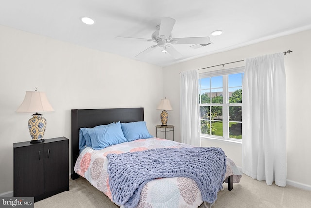 bedroom featuring carpet floors, baseboards, recessed lighting, and a ceiling fan