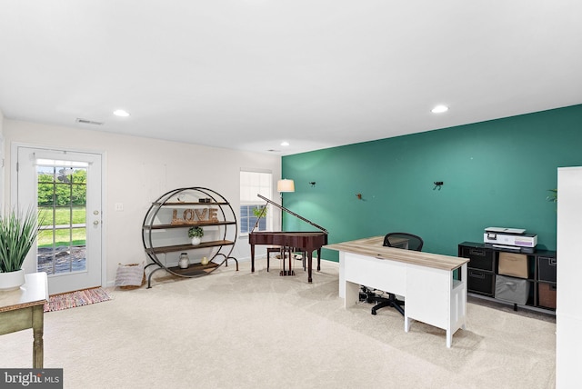 carpeted office with recessed lighting and baseboards