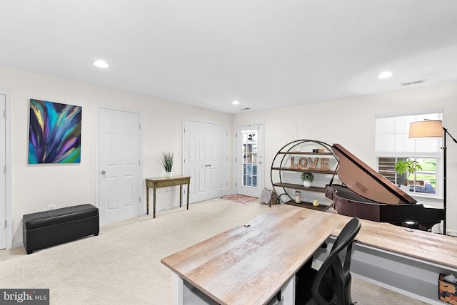 office space with carpet flooring, recessed lighting, and baseboards