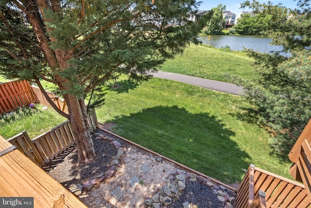 view of yard with a water view