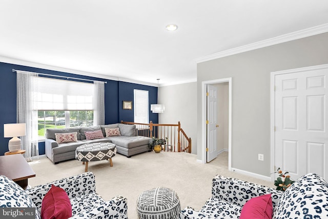 carpeted living area with crown molding and baseboards