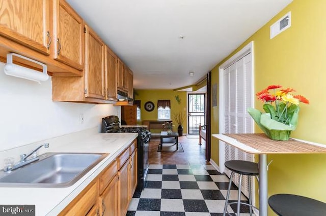 kitchen with black gas range oven, a sink, dark floors, light countertops, and exhaust hood