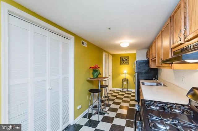 kitchen with gas stove, dark floors, under cabinet range hood, light countertops, and a sink