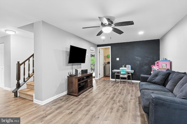 2 Bunting Bridge Rd, Cookstown, NJ 08511 - living area with light wood-style flooring, stairway, ceiling fan, and baseboards