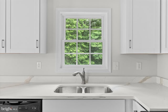 23167 File Rd, Bowling Green, VA 22427 - kitchen with stainless steel dishwasher, white cabinets, and light stone countertops