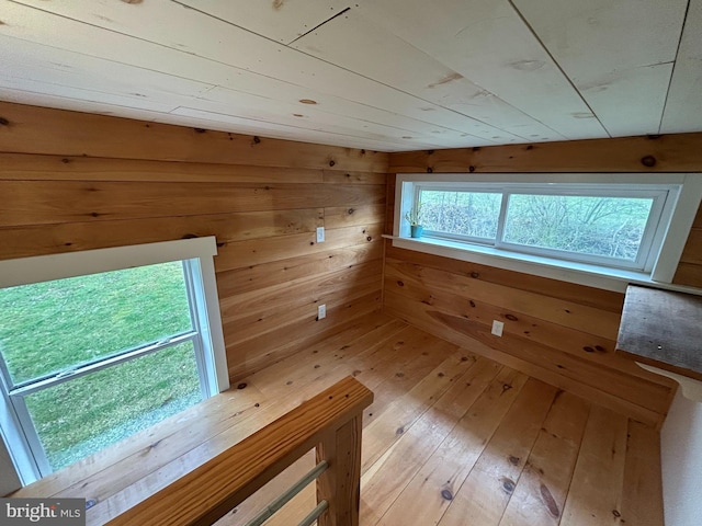 interior space with light wood finished floors and wooden walls
