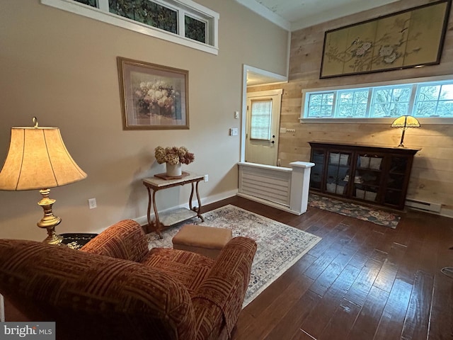 living room with a baseboard heating unit, a wealth of natural light, wooden walls, and dark wood-style floors