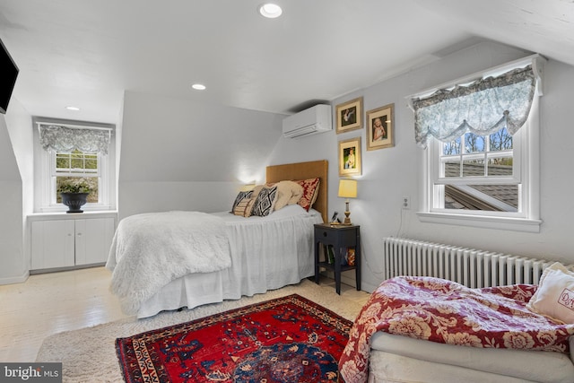 bedroom featuring radiator, lofted ceiling, a wall mounted AC, and recessed lighting