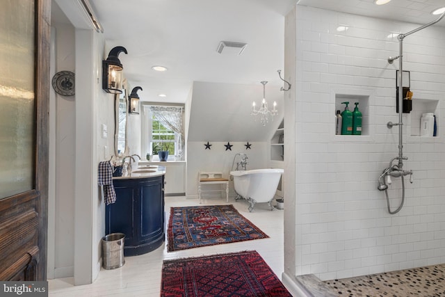 bathroom with vanity, visible vents, recessed lighting, a soaking tub, and a tile shower