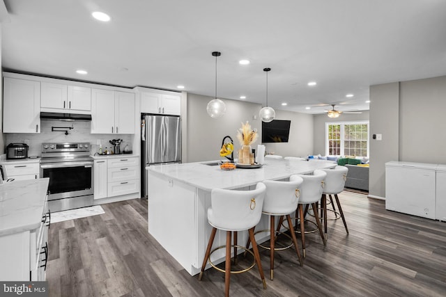 1949 Catoctin Ter, Silver Spring, MD 20906 - kitchen featuring appliances with stainless steel finishes, under cabinet range hood, recessed lighting, dark wood finished floors, and white cabinetry